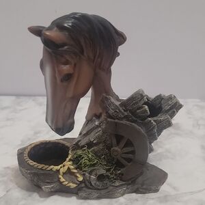 Rustic Horse Head Sculpture with Wagon Wheel Tealight Candle Holder